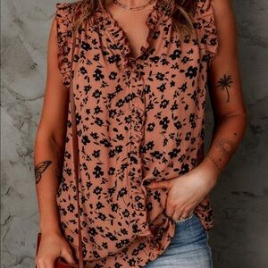 Brown Floral Print Frilled Sleeveless Blouse Top
